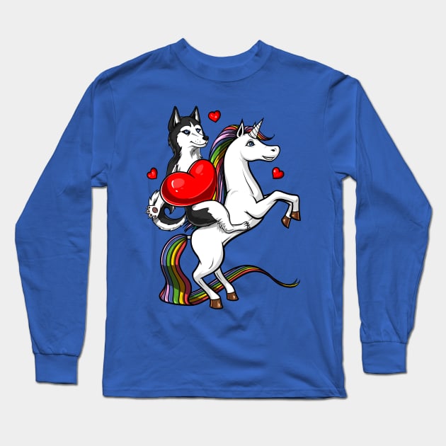 Siberian Husky Dog Riding Unicorn Long Sleeve T-Shirt by underheaven